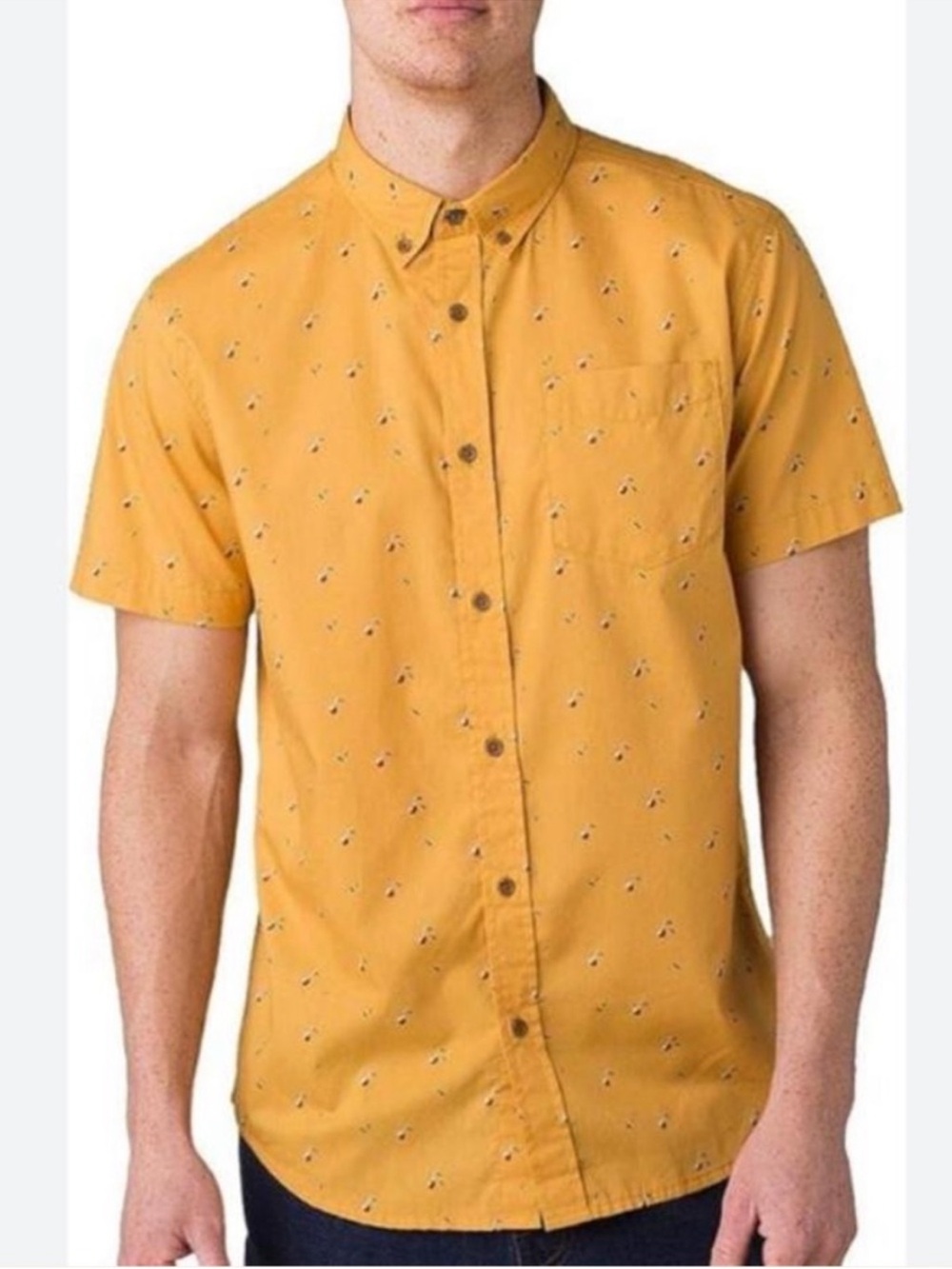 Prana Broderick Yellow Toffee Cherries Button Down Short Sleeve Shirt Medium